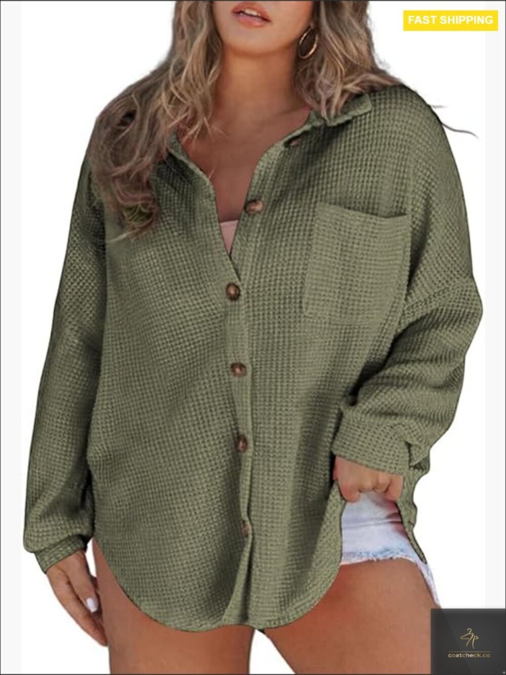 Plus Size Boyfriend Shacket Long Sleeve Button Down Oversized Waffle Knit